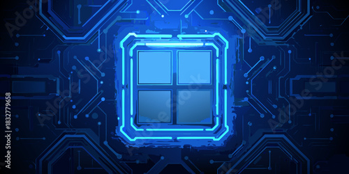 Futuristic blue circuit board with central processor unit and glowing elements