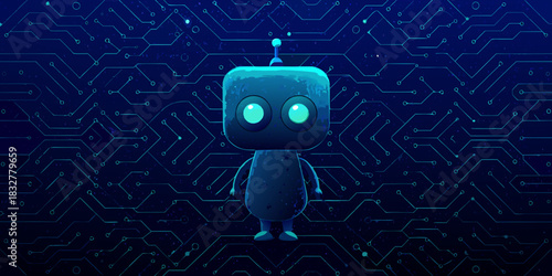 Cute cartoon robot standing against a circuit board background