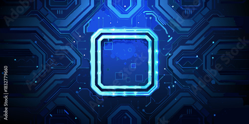 Abstract blue circuit board with glowing center for technology background