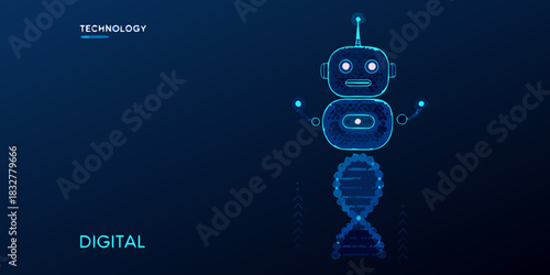Abstract robot illustration with dna body on dark blue background