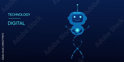 Cute robot character with dna legs on dark blue background