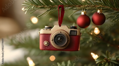 Camera ornament hanging on a Christmas tree with red balls and warm lights glowing