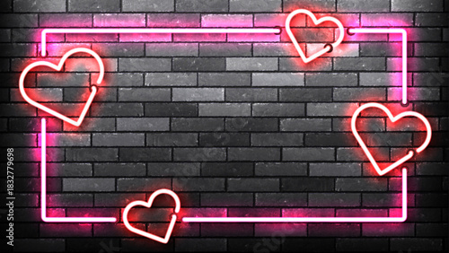 Vector neon frame with hearts isolated on wall background. Concept of Valentine's Day and love.
