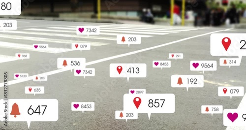 Blurred legs entering, starting icons clustering and growing as crowd walking, showing interest