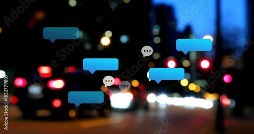 Bubble appearing, chat bubbles spawning, pulsing and fading, showing message flow over dusk traffic
