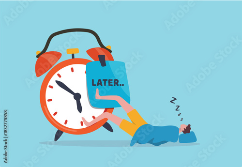 Procrastination do it later, postpone to work tomorrow, unproductive and excuse concept, lazy man sleeping with no clue to wake up with big sticky note written the word later on alarm clock.