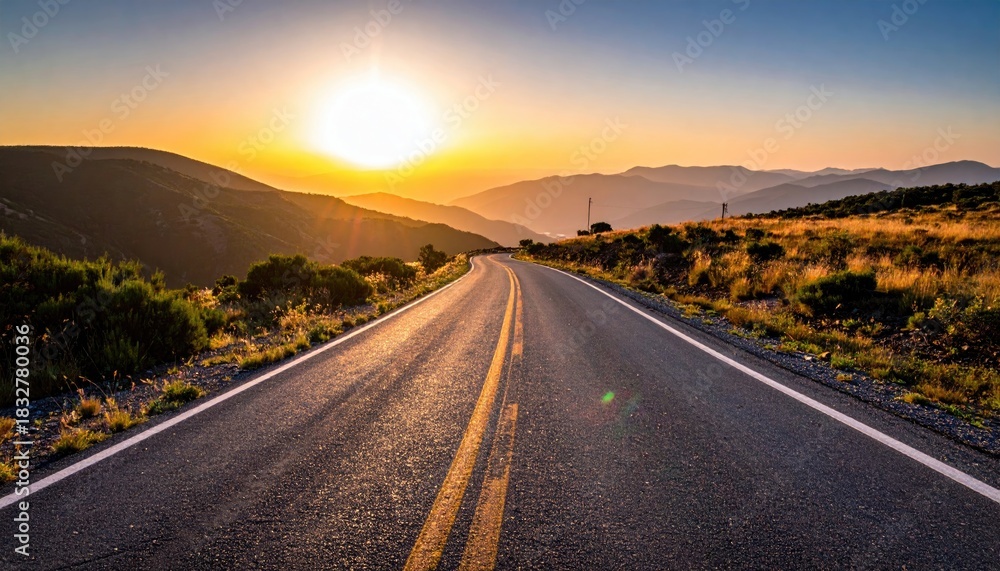 Fototapeta premium A scenic view of a road winding through a mountainous landscape at sunset, with a vibrant sky and golden light.