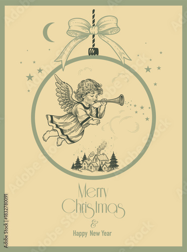 Christmas eve. Cute angel trumpeting. Xmas tree bauble. Festive card. Vector.