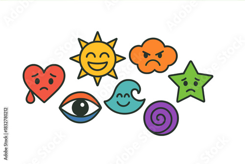 Expressive cartoon emotions showcasing various feelings and symbols in a colorful arrangement