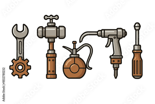 Variety of hand tools and equipment for repair and maintenance tasks displayed against a simple background