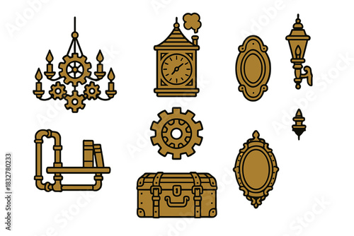Steampunk design elements featuring gears, clock, chandelier, and vintage decoration styles in a creative arrangement