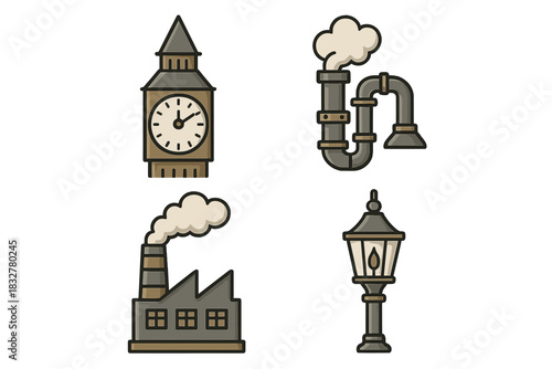 Historic architecture and industrial elements showcase unique characteristics of a cityscape in a vintage style