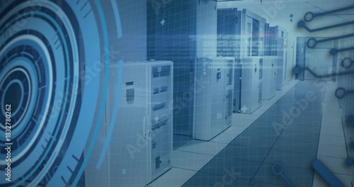 On HUD pulse, server racks staying still while HUD rings pulsing, code scrolling to show monitoring