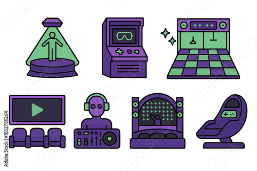 Digital entertainment icons represent gaming and media experiences in a colorful design
