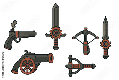 Collection of vintage weapons including guns, swords, and crossbows in a unique design style
