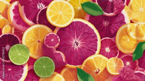 Fototapeta Naklejka Na Ścianę i Meble -  A vibrant composition of sliced citrus fruits including oranges, lemons, limes, and grapefruits, creating a colorful and appetizing arrangement.