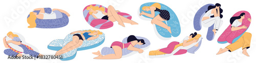 Woman Sleep Embracing Soft Pillow Have Sweet Dreams Vector Illustration Set