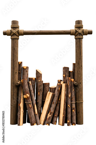 Rustic log firewood holder with chopped wood ready for a campfire on a transparent background