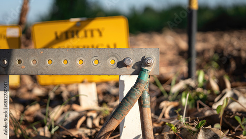 An electrical earthing line connection point of the metal part, for safety reason to release the static current to ground. Industrial equipment object photo.