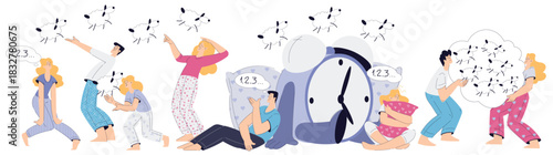 Sleepless Man and Woman at Night Suffer from Insomnia Count Sheep Vector Set