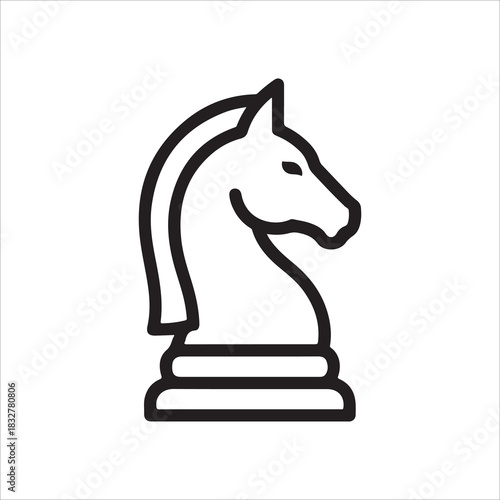 Simple black and white outline icon of a chess knight piece, , representing strategy and game