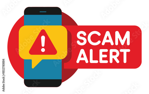 A smartphone displays a scam alert message with an exclamation mark warning symbol.