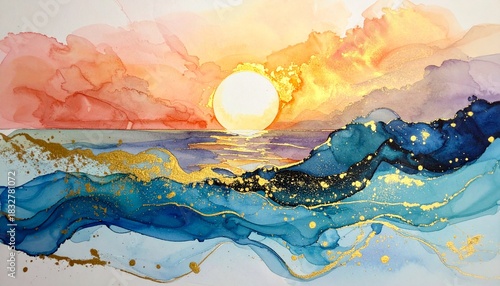 Sunrise above sea, alcohol ink, original art in blue, gold and sky in warm sunset tones
