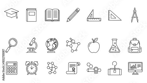 A collection of handdrawn sketch icons representing various education and science subjects, tools and symbols
