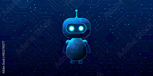 Cute blue robot on digital circuit board background