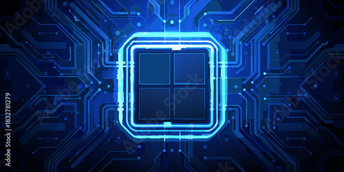 Abstract blue computer chip with circuit board pattern illustration