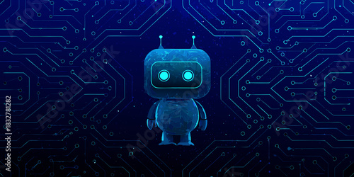 Cute ai robot on a futuristic circuit board background