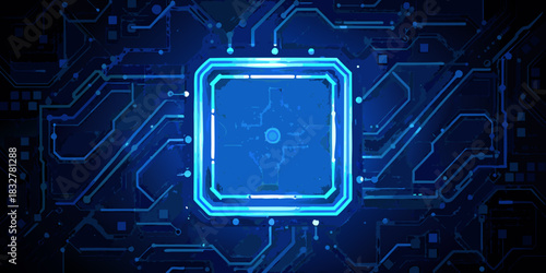 Blue circuit board illustration with central processor unit and connecting traces