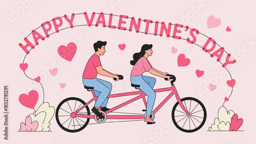 A happy couple rides a tandem bicycle together surrounded by hearts and a banner that reads happy valentines day celebrating love and romance