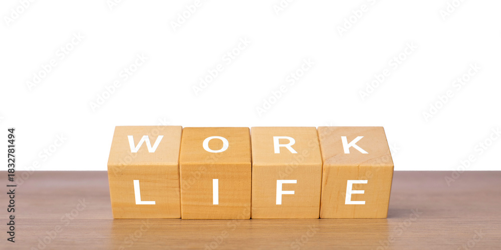 Fototapeta premium Wooden blocks with work life text for work life balance concept, isolated on transparent background