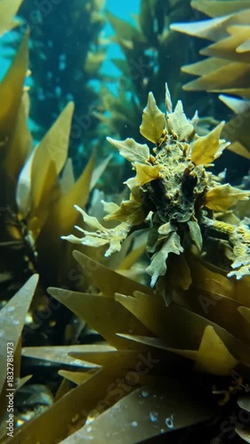 A leafy seadragon swimming gracefully among kelp in the ocean habitat