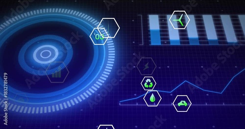 HUD pulsing, ring rotating, causing hex icons drifting toward line and bar charts showing eco data