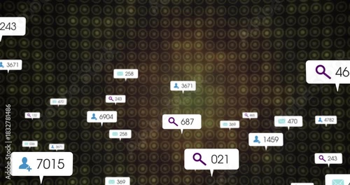 Search bubble appearing starting badges popping, rising, clustering, then fading to show user data