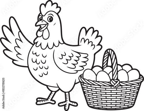 Smiling hen near basket with eggs on transparent background concept for holiday