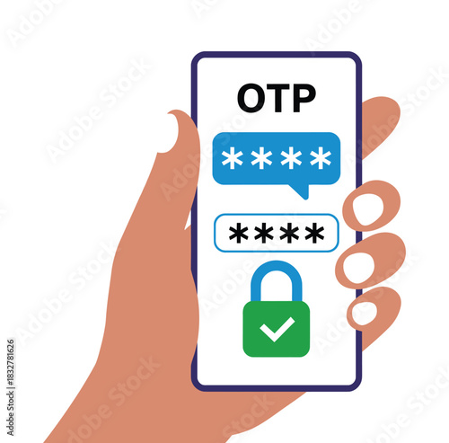 A hand holds a smartphone displaying a one-time password and a locked icon.