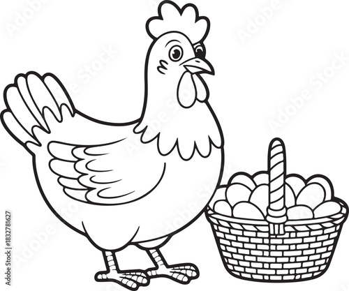 Cheerful hen standing near wicker basket full of eggs on transparent background concept