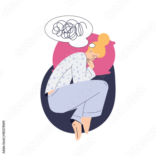 Sleepless Woman at Night Suffer from Insomnia Vector Illustration
