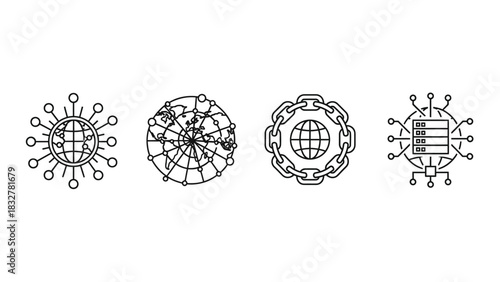 Outline icons global network, data storage, blockchain, and digital connection concepts