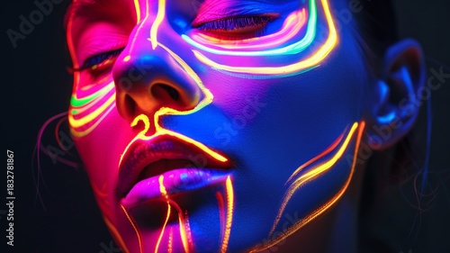 Luminous neon tones create glowing portrait of the woman, featuring glossy makeup