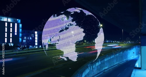 Globe appearing at start, digital globe rotating slowly over highway, visualizing global traffic