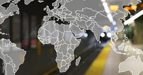 Transparent map overlay appearing drawing lines revealing train approaching station showing transit