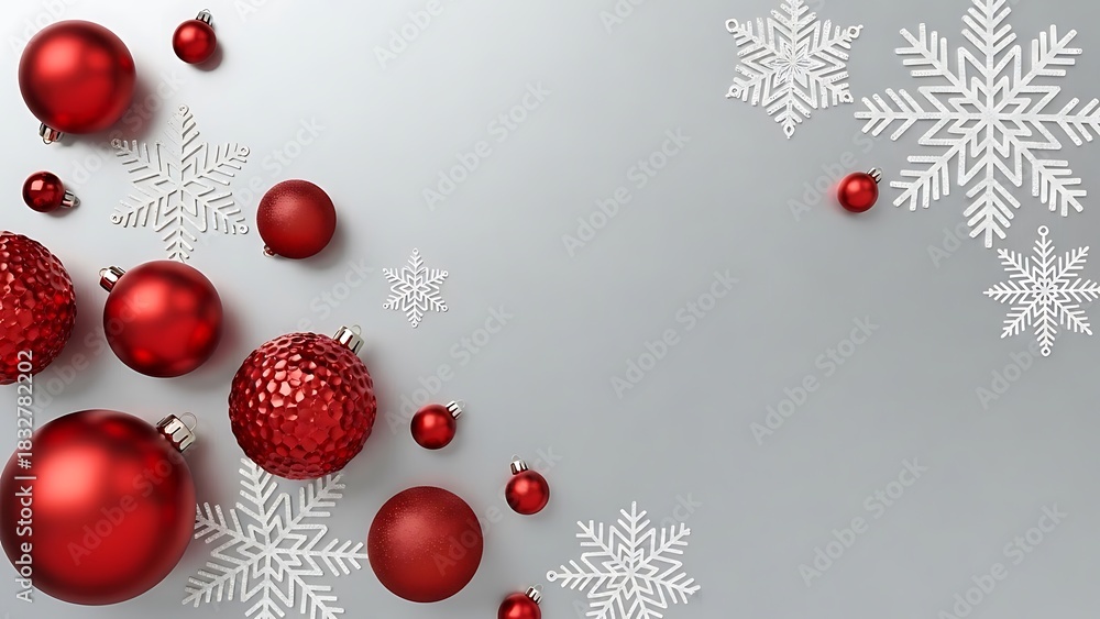Fototapeta premium Bright red glass Christmas baubles and gold ornaments decorate a tree for a seasonal winter holiday celebration, background with copy space