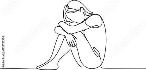 Woman sitting in fetal position in single continuous line drawing with minimalism style art