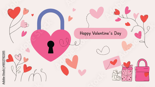 Happy valentines day greeting card with heart shaped lock gifts envelopes and floral elements in pink and red colors on a light background celebrating love and romance