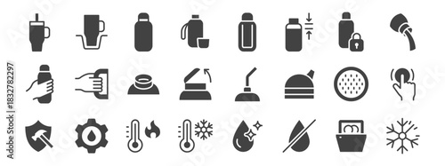 Thermos and travel mug glyph icon set. Tumbler, flip lid, straw spout, lock cap, dishwasher safe vector illustrations. Simple silhouette signs for beverage containers. Black color