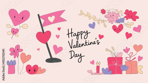Whimsical happy valentines day illustration featuring cute hearts flowers gifts and a flag with a heart emblem on a soft pink background